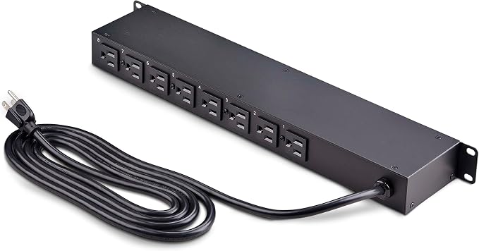 StarTech 8-Outlet 1U Switched PDU, 15A, TAA, 125V (8NS8-RACK-MOUNT-PDU) | Horizontal rack mount power strip, Outlet on/off switches, 15A breaker, 8ft/2.4m cord, NEMA 5-15, Illuminated rockers