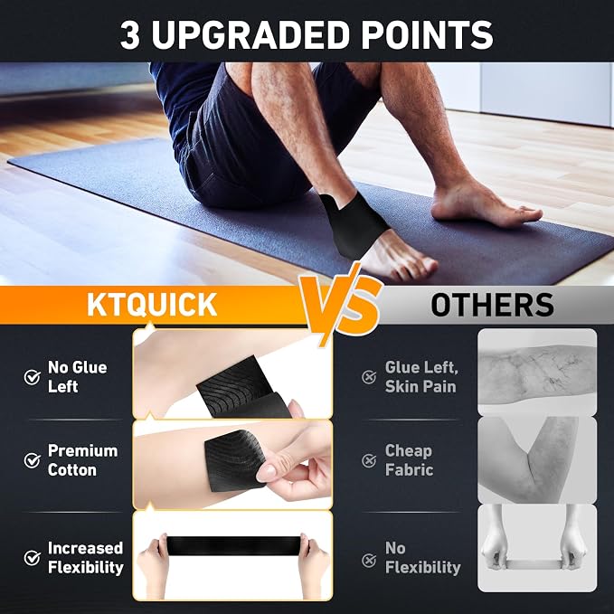 KTQUICK Precut Kinesiology Tape for Ankle,12PCS,20% Stronger Adhesive,Black | Ankle Support Tape with Premium Cotton, Breathable, Waterproof, Latex-Free Athletic Tape for Running, Training & Hiking