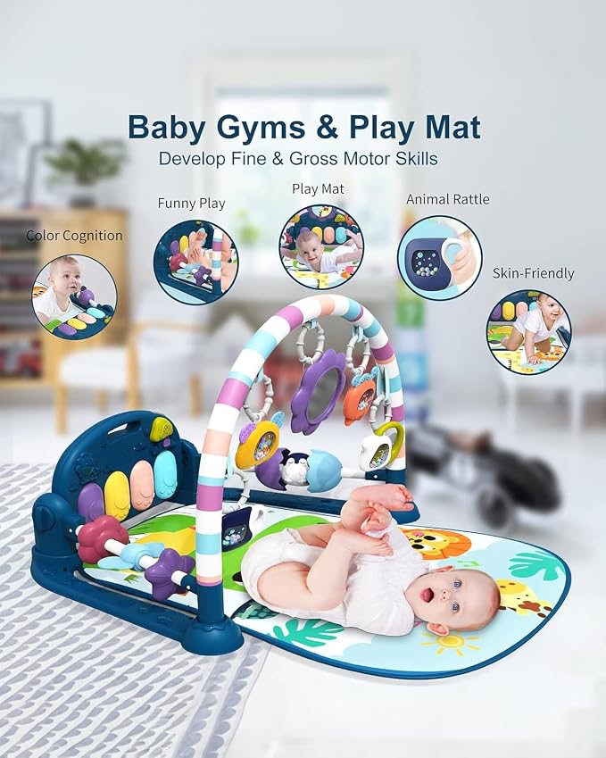 dearlomum Blue Giraffe Theme Baby Play Mat Gym with Kick & Play Piano | Tummy Time Activity Mat with 5 Infant Sensory Toys, Music and Lights, Boy & Girl Gifts for Newborns 0 to 3 6 9 12 Months