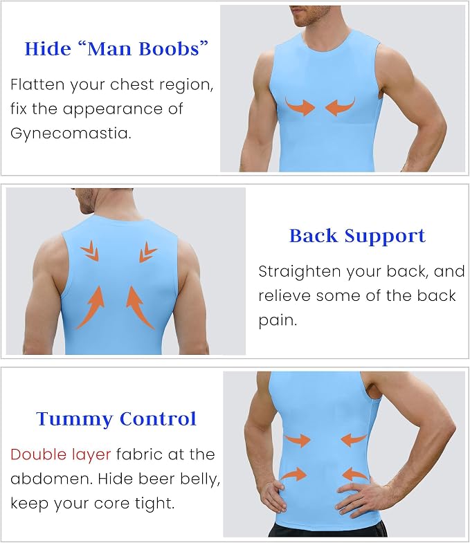 Compression Shirt Men Slimming Body Shaper Vest Crewneck Workout Tank Top | Tummy Control Undershirts, Gynecomastia Compression Shirts, Back Support, Sleeveless Muscle Shirts, Shaping Tank Top