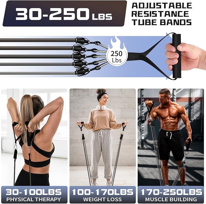 WHATAFIT Resistance Bands with Handles, 5-Level Exercise Bands for Workout | Natural latex,10-50 lbs, stackable to 150,Ankle Straps, Door Anchor,Guide. For Strength, Yoga,Home Gym,Travel & Workout.