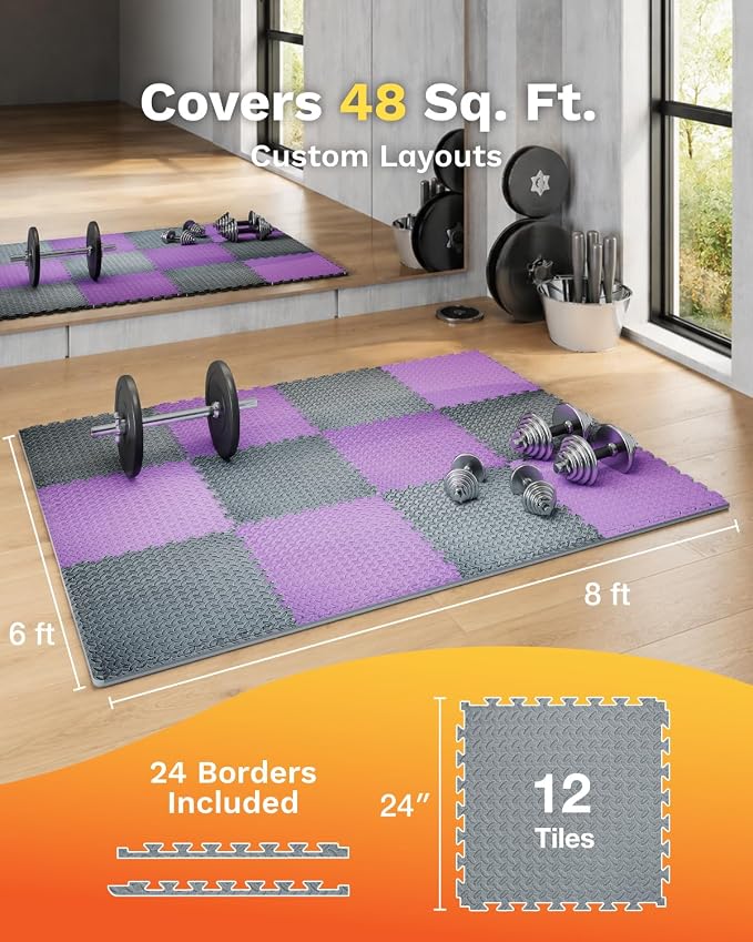 AIRHOP Upgraded 0.79" Extra Thick 48 Sq Ft High-Density Eva Foam Exercise Gym Mats, 12 Pcs Large Interlocking Puzzle Floor Tiles (24"x24") for Home Gym