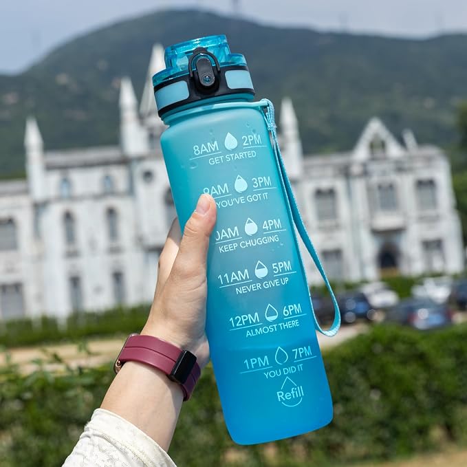 OLDLEY Water Bottle, 32oz Motivational Sports Water Bottle with Time Marker - Times to Drink - Tritan, BPA Free, Wide Mouth Leakproof,Luca