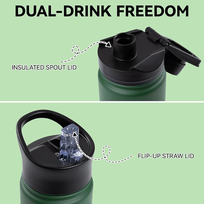 16 oz Insulated Water Bottle Bulk 8 Pack, Straw & Spout Lid, Keep Cold 24H, Spill Proof, BPA-Free, Double Wall, Stainless Steel Kids Water Bottles for School, Sports, Dark Green