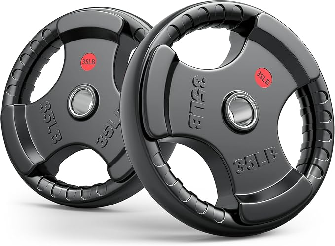 Gikpal Olympic Weight Plates, 2-Inch Three-Grip Rubber Coated Barbell Plates with Steel Hub, Cast Iron Weights for Strength Training & Home Gym, Pair or Sets (2.5–45LB)