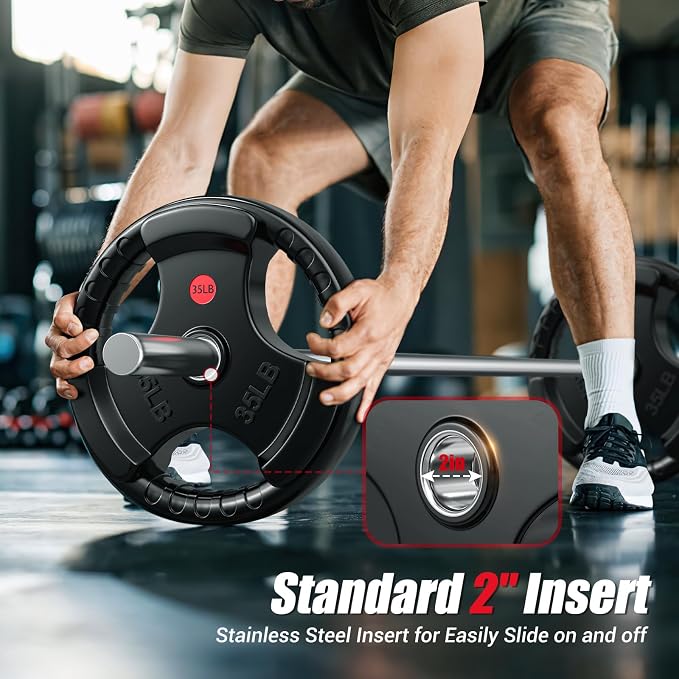 Gikpal Olympic Weight Plates, 2-Inch Three-Grip Rubber Coated Barbell Plates with Steel Hub, Cast Iron Weights for Strength Training & Home Gym, Pair or Sets (2.5–45LB)