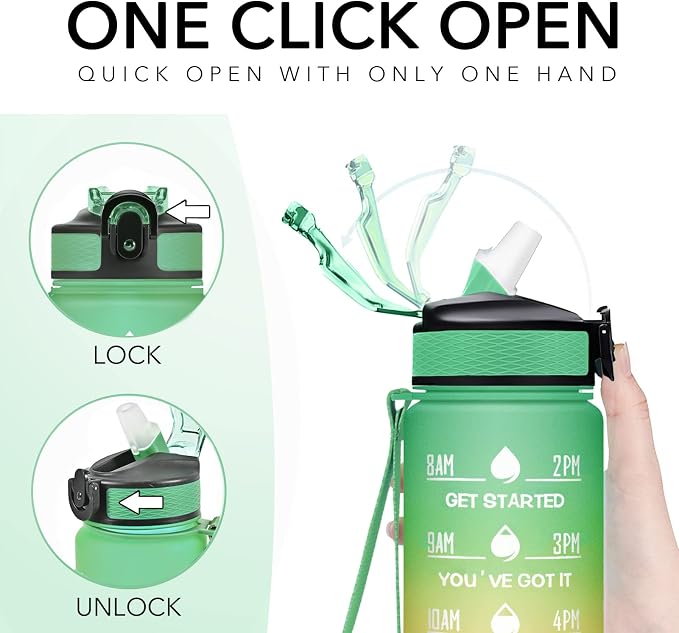 Hyeta Water Bottle with Straw & Time Marker, Plastic 32oz Leakproof | Motivational Tritan BPA Free Gym Office Outdoor Intake Tracker Hourly Reminder Straw Lid Carry Strap