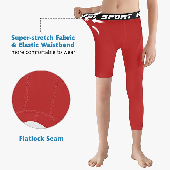 MIVEI One Leg Compression Tights Youth Boys Basketball Leg Sleeve | Kids Compression Pants Girls' Single Leg Tights 3/4 Leggings for Baseball Softball Soccer Running Football, Sports Base Layer