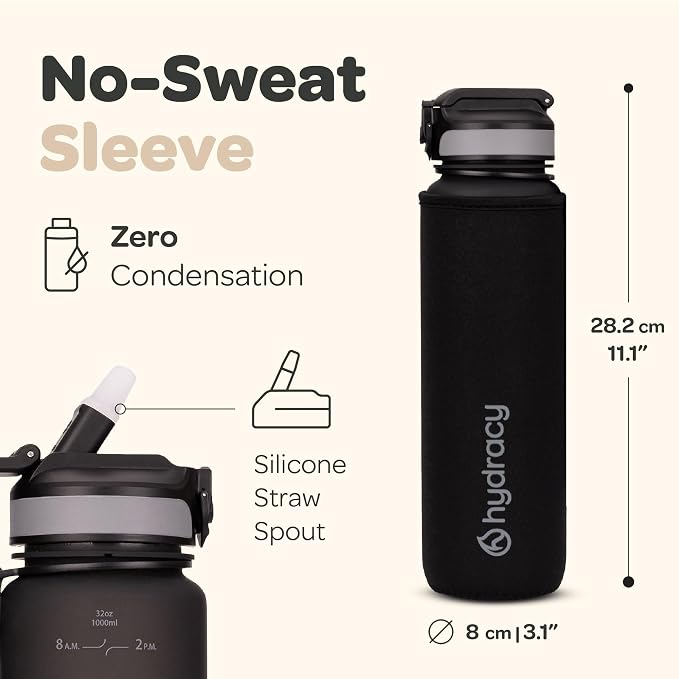 Hydracy Motivational Water Bottle with Time Marker and Straw Lid 32 oz | Leakproof,BPA Free,No Sweat Neoprene Sleeve,Carry Strap,Daily Intake Tracking for Fitness & Outdoors