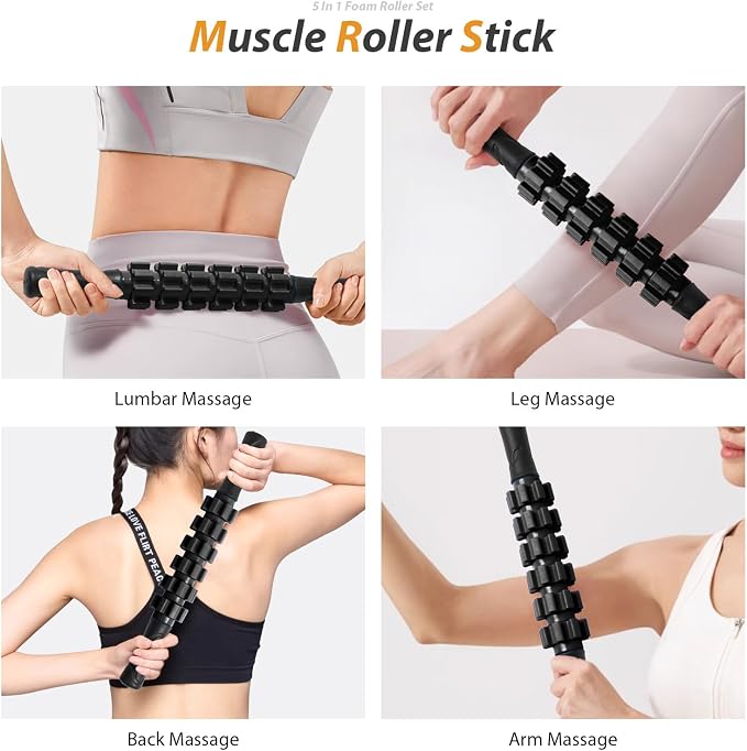 SUBCULTUREPICK 5 in1 Foam Roller Set, Trigger Point Foam Roller Deep Tissue | Massage Roller Stick, Massage Ball, Resistance Band for Physical Therapy, Pilates Yoga,Fitness Exercise for Whole Body Black