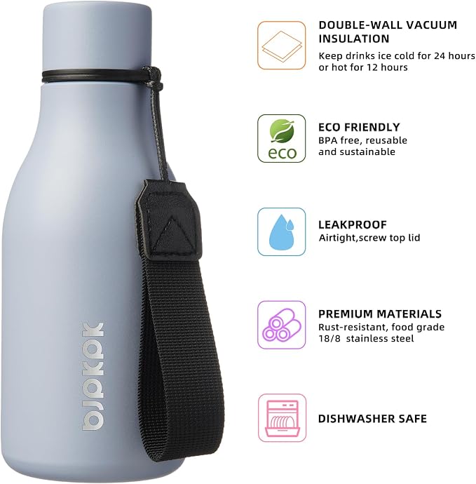 BJPKPK 12oz Insulated Water Bottle, Stainless Steel Bottle with Carry Strap | Keep Cold & Hot Vacuum Insulation, Leak-Proof BPA-Free Design, Slim Bottle Fits Most Cup Holders for Gym, Office & Travel