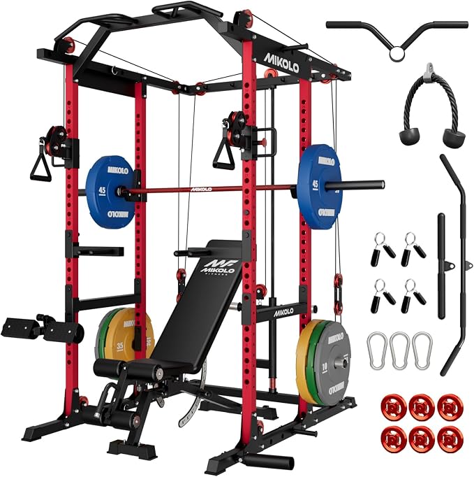 Mikolo K6 2.0 Power Cage, Power Rack with Cable Crossover System, 2000LBS Squat Rack with LAT Pull Down System, Functional Trainer with Aluminum Pulley System for Home Gym
