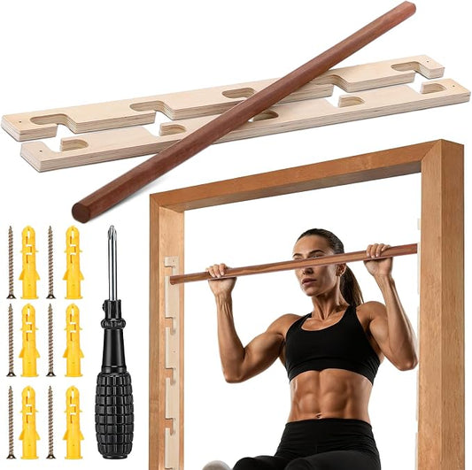 Leinuosen Doorway Pull-up Bar Sets Adjustable 5 Levels Wooden Doorway Pull-up Bar and 2 Door Frame with 6 Sets of Screw-in Heavy-duty Door-mounts to Fits 118cm