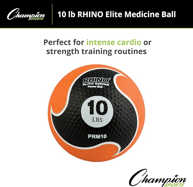 Champion Sports Rhino Elite Medicine Ball – Textured Surface, Superior Grip, Hollow Synthetic Rubber for Consistent Bounce & Durability, Multiple Weights & Colors - Optional Rebounder Sold Separately