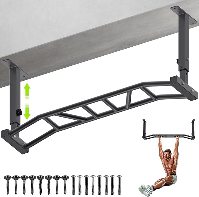 Kipika 48" Ceiling Mounted Pull Up Bar, Heavy Duty Multi-Grip Chin Up Bar,Mounted Pullup Bar, Adjustable Height, Pull Up Bands for Chin Ups & Body Stretching, Ideal for Home Gym and Strength Training