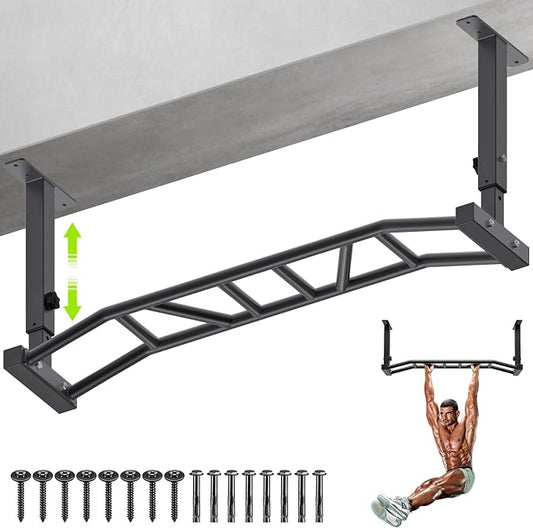 Kipika 48" Ceiling Mounted Pull Up Bar, Heavy Duty Multi-Grip Chin Up Bar,Mounted Pullup Bar, Adjustable Height, Pull Up Bands for Chin Ups & Body Stretching, Ideal for Home Gym and Strength Training