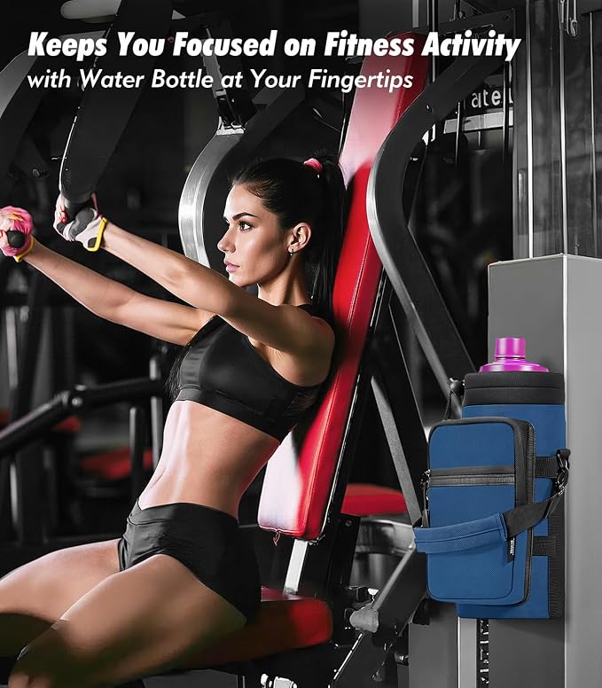 Nuovoware Magnetic Gym Bag, 40oz, Water Bottle Carrier Holder, Indigo | Adjustable Shoulder Strap, Magnets Magnetic Gym Bag, Bottle Pouch Sling, 2 Pocket, Neoprene Organizer Sleeve