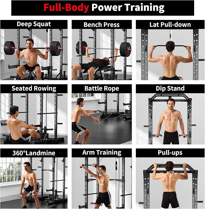 JEEKEE Power Rack with LAT Pulldown, 2000LBS Power Cage with Cable System, Multi-Function Squat Rack with J-Hooks, Safety Bars, Landmine, Pull Up Bar & Attachments for Home Gym Strength Training,Black
