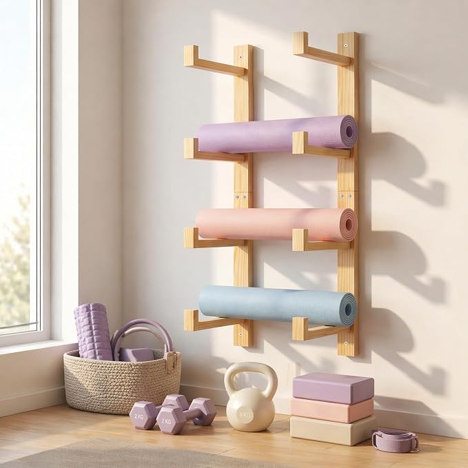 4-Tier Wooden Yoga Mat Holder Wall Mount, Yoga Mat Rack for Home Gym | Wall Yoga Mat Storage, Yoga Mat Holder Wall Mount for Foam Roller and Fitness Accessories Home Gym Organization