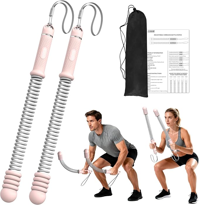 POWER GUIDANCE Adjustable Weighted Ropeless Battle Ropes with 4 Resistance Rings, Portable Cordless Battle Rope for Home Gym, Progressive Strength & Low-Impact HIIT Training for Men & Women，Pink