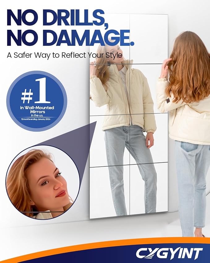 8Pcs 16x16 Inch Self-Adhesive Mirror Panels, Shatterproof Flexible Acrylic Mirror Sheets, Peel & Stick Wall Mirror Tiles for Bedroom, Home Gym, DIY Decor