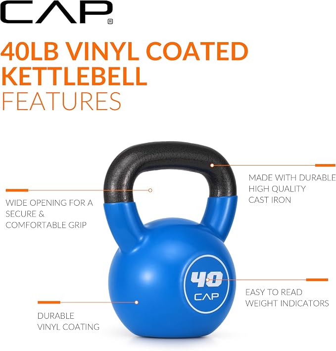CAP Vinyl Coated Cast Iron Kettlebell, 10-50 LB Home Gym Weight