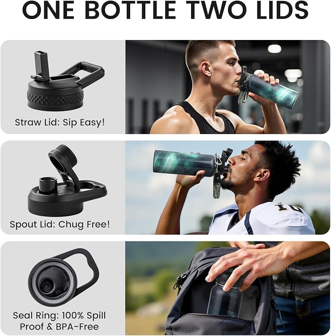 RAYMYLO Insulated Water Bottle 40 oz, Triple Wall Vacuum Stainless Steel | (Cold for 36Hrs, Hot for 18Hrs), Leak Proof & Non-BPA, Modern Water Flask Jug with Paracord Handle & Straw Spout Lids