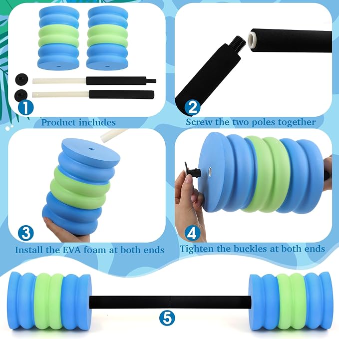 Soulchen Long Aquatic Exercise Dumbbells Pool Exercise Foam Water Weights Dumbbell Aquatic Pool Barbells with High Density EVA Foam for Swim Water Aerobics Workouts Loss