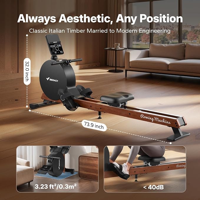 MERACH Pro-Grade Rowing Machines for Home, Smart Magnetic Rowing Machine with Self-Generation, Double Resistance and 400 LBS MAX Load, Wooden Tracks for Silent Sliding