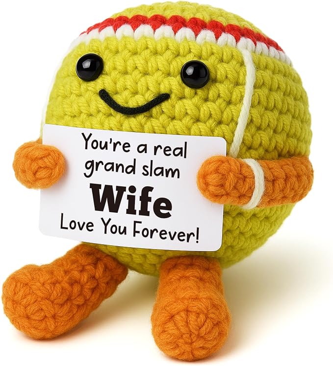 Mini Positive Crochet Tennis Ball Gifts for Women Men - Handmade Crochet Tennis Ball, Motivational Encouragement Christmas White Elephant Gift for Tennis Balls Lover Coworker Friend Coach