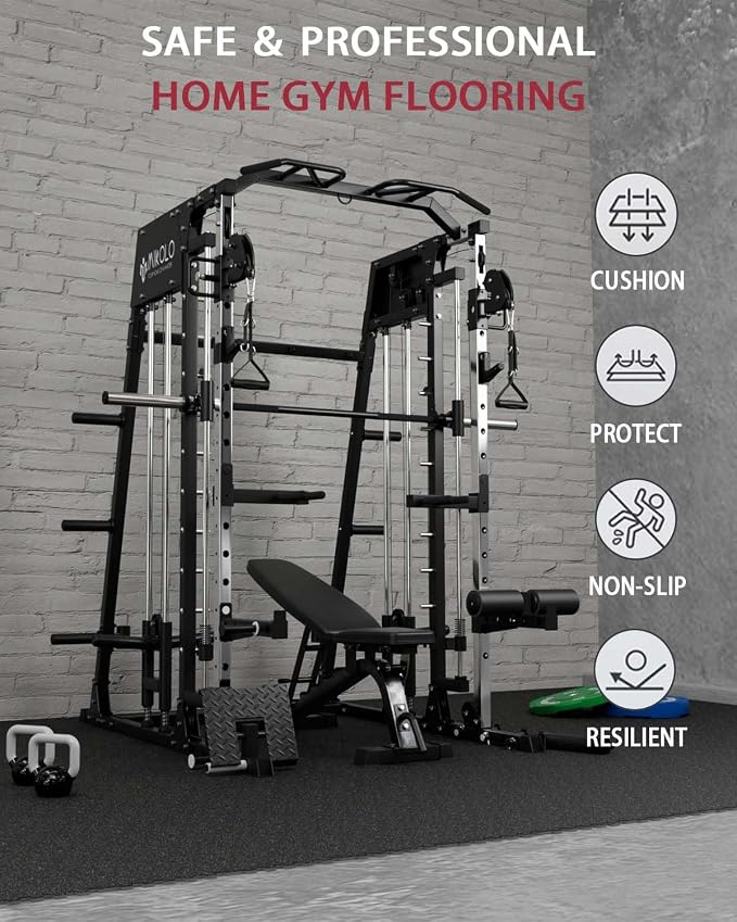 Mikolo 0.56'' Thick 12 Pcs 48 Sq Ft Gym Flooring Mats, High-Density EVA Foam with Rubber Top, Interlocking Exercise Equipment Mats for Home Gym, Protective Workout Mat