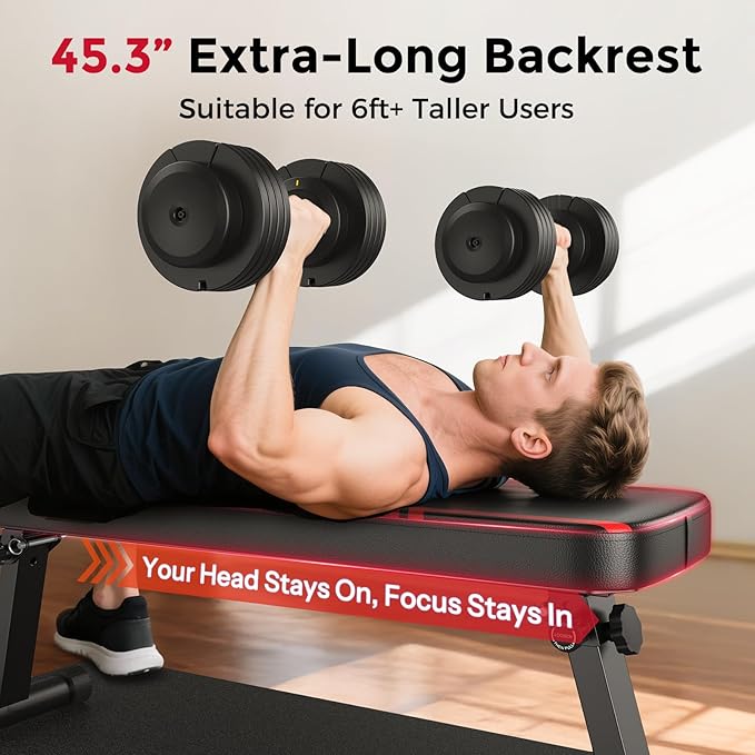 FLYBIRD Foldable Flat Weight Bench for Home Gym, 600/1000 lbs Capacity with Dual Locking for Strength Training, Easy Setup & Storage for Small Apartments, Lifting, Hip Thrust, Dumbbell Workout (B-Red-01)