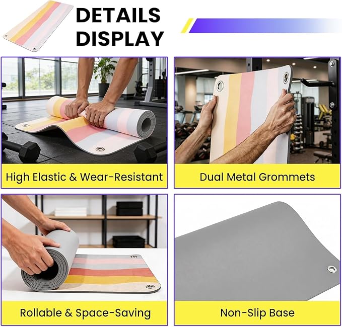 Garvee Hanging Exercise Mat, 71x24 / 56x24 Inch PVC Fitness & Yoga Mat for Group Classes, 5mm Thick with Reinforced Holes, Commercial Grade Gym Mat, Black/Blue/Multicolor
