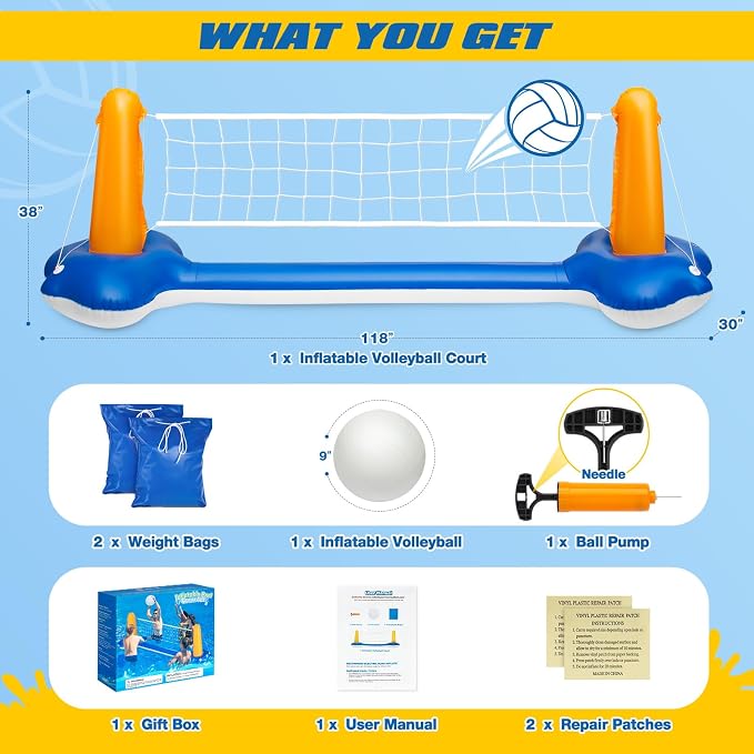 118" Pool Volleyball Net Set for Inground & Above Ground Pools | Complete Pool Game Kit with Water Volleyball, Pump & Adjustable Net, Outdoor Summer Pool Toys for Adults & Family, Pool Party Gift 2026
