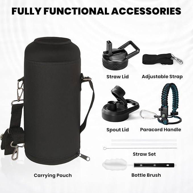 RAYMYLO Insulated Water Bottle 87 oz, Triple Wall Vacuum Stainless Steel (Cold for 48 Hrs), Leak Proof & Non-BPA, Modern Water Flask Jug with Paracord Handle & Straw Spout Lids, Indigo/Black | Cold for 48 Hrs), Leak Proof & Non-BPA, Modern Water Flask ...