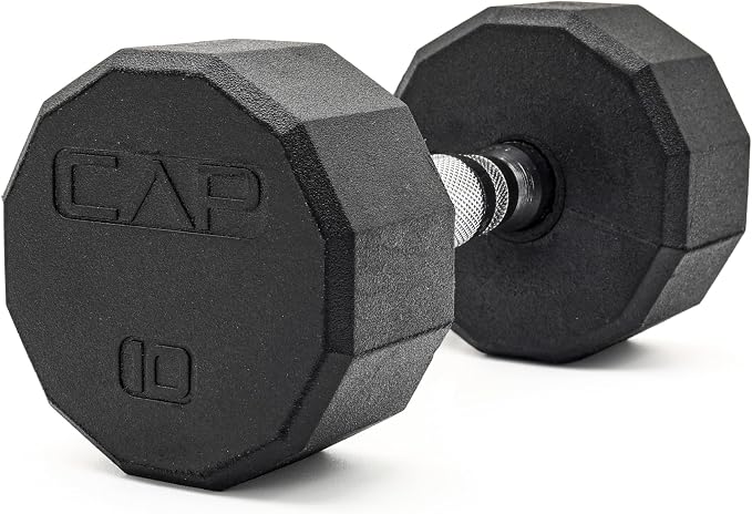 CAP Rubber Coated Dumbbell Weights, Free Weights for Home Gym Strength Training, Anti-Roll Hex Dumbbells with Black, Chrome & Comfort Grip Handles, Singles
