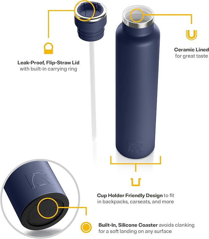 RTIC 26oz Journey Water Bottle, Ceramic Lined, Navy | Stainless Steel Metal, Insulated for Hot and Cold Drinks, Sports, Travel and Camping