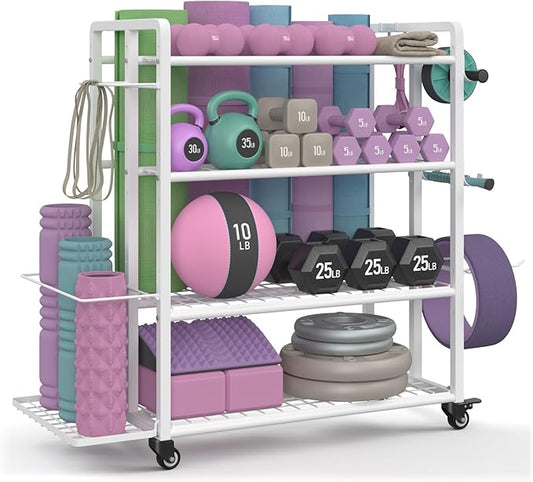 4-Tier Weight Rack for Home Gym with Wheels and Hooks | Adjustable Gym Storage Rack for Dumbbells Kettlebells Yoga Mat, All-in-One, Space Saving, Heavy Duty Steel, Easy to Assemble