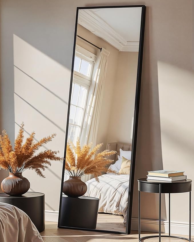 TRAHOME Full Length Floor Mirror 56"x15", Standing Mirror with Aluminum Frame, Large Body Mirror for Bedroom, Living Room and Bathroom, Black