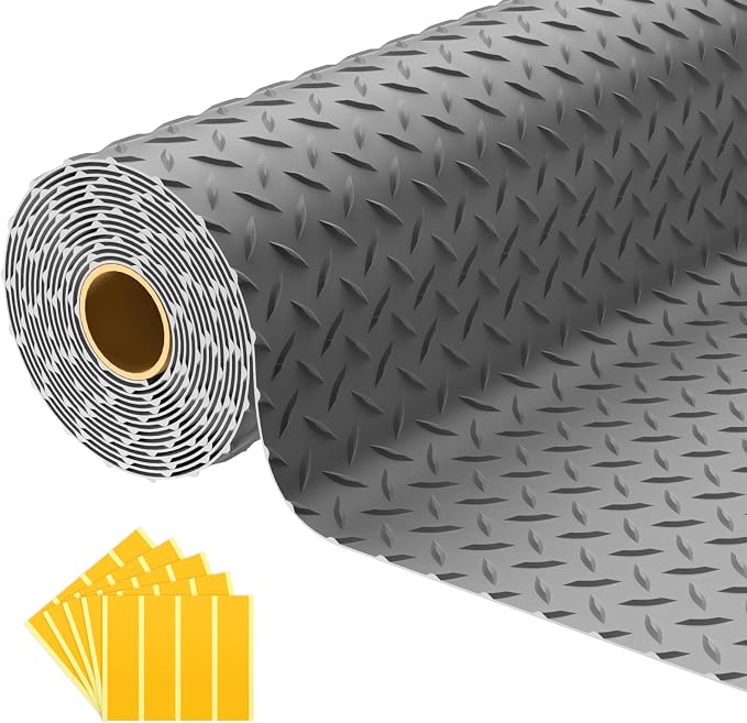 7.5x25 FT Garage Floor Mat, 2.8mm Thickened Diamond Plate | PVC Flooring Roll for Under Car/Garage/Warehouse/Basement/Gyms/Trailer, 188 SQFT Garage Mat, Tapes Included, Gray