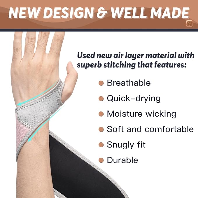 Copper Carpal Tunnel Wrist Brace, 2 Pack Wrist Support Wraps for Men Women, Adjustable Compression Wrist Brace for Tendonitis, Pain Relief, Arthritis, Sports, Work, Sleeping, Both Hands, Pink