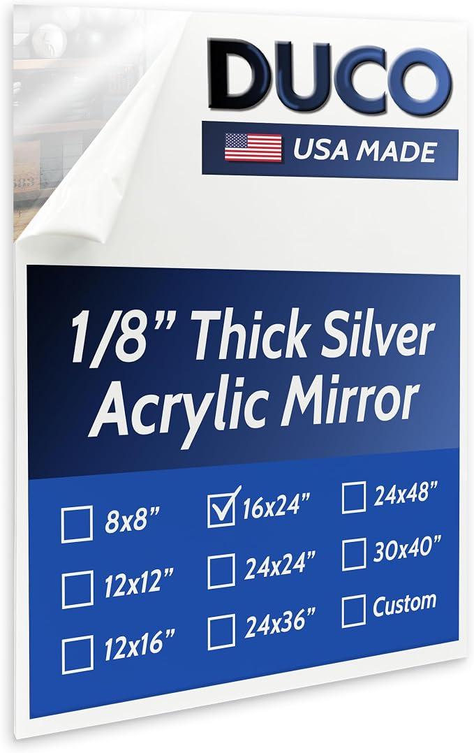 Duco USA-Made Acrylic Mirror Sheet 1/8 Inch Thick 16" x 24" (with Adhesives) - Pack of 1 Silver Frameless Plastic Mirror for Walls, Home Gyms, Bathrooms, & More - Shatter-Proof Mirrored Plexiglass