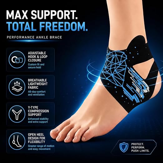 Generic Ankle Brace Support with Blue Geometric Design - Adjustable Compression Sleeve for Sprain Recovery and Tendonitis Relief - Breathable Stabilizer for Basketball Sports - Men and Women (Future Space-Time)