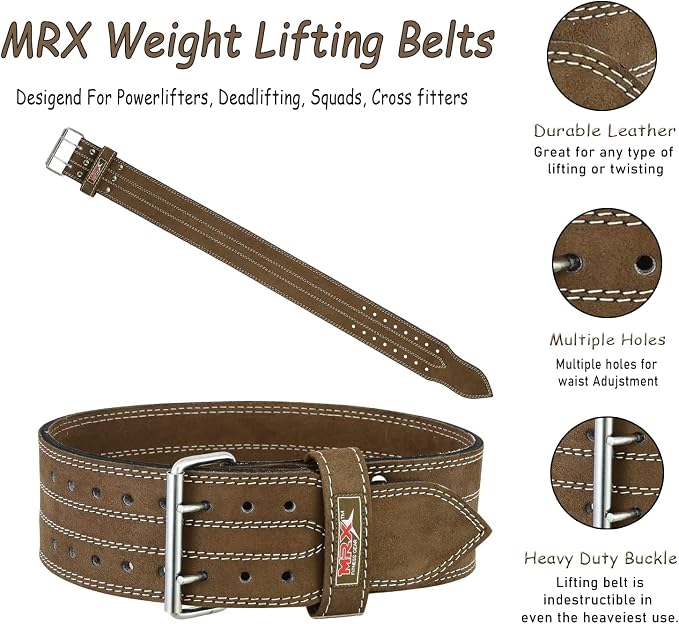 MRX Powerlifting Leather Belt 4" Wide 10mm Thickness Training Fitness Back Support Bodybuilding Belts with Steel 2 Prong Buckle
