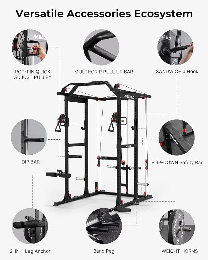 Mikolo K6 2.0 Power Cage, Power Rack with Cable Crossover System, 2000LBS Squat Rack with LAT Pull Down System, Functional Trainer with Aluminum Pulley System for Home Gym