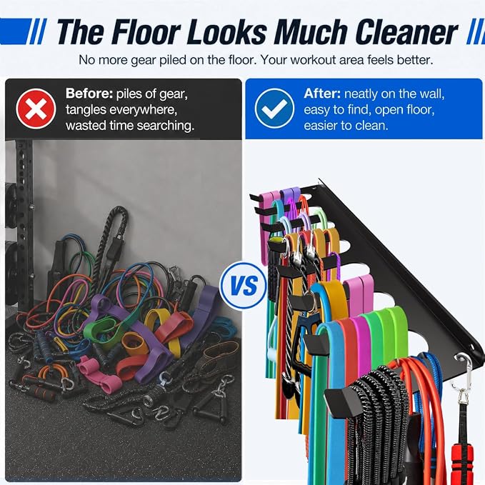 Gym Home Rack 8 Hook Heavy-Duty Wall-mounted Organizer Multi-Purpose Workout Gear Wall Hanger Storage for Resistance Bands Jump Ropes Lifting Belt Fitness Bands Barbells Carabiners Included