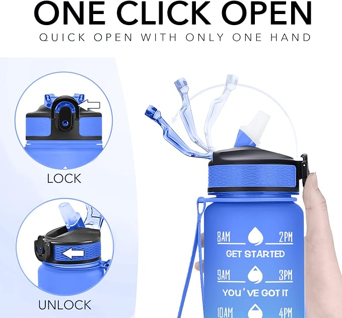 Hyeta Water Bottle with Straw & Time Marker, Plastic 32oz Leakproof | Motivational Tritan BPA Free Gym Office Outdoor Intake Tracker Hourly Reminder Straw Lid Carry Strap