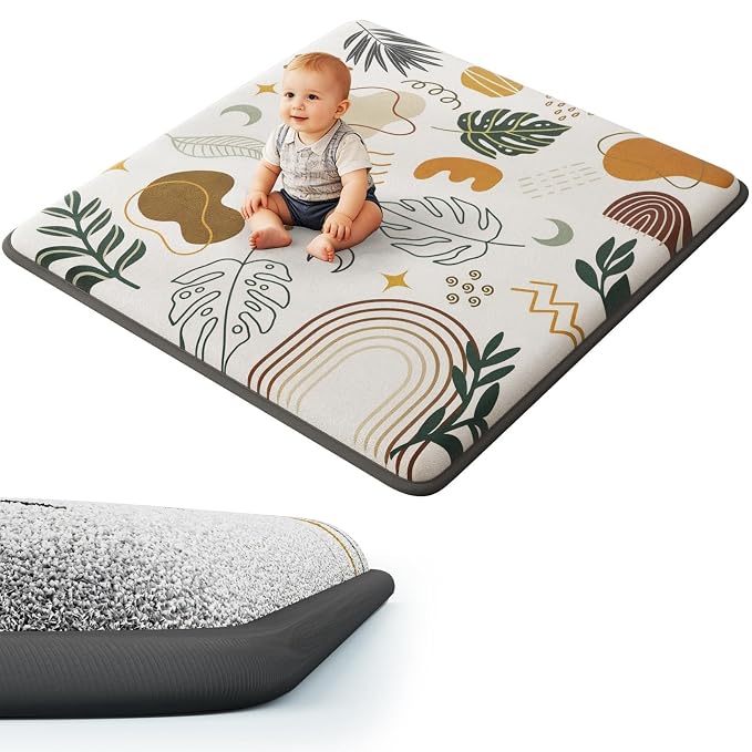 1.3" Thick Baby Play Mat for Floor, Elasti-Foam 71x59 Playpen Mat, Water Repellent Ultra Soft Coral Velvet Tummy Time Crawling Mats for Kid Toddlers Infants, Non-Slip Backing Safe for Earth Tones