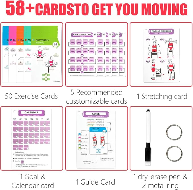 Chair Yoga Workouts for Women-58 Exercise Cards with Chair Yoga，ncludes 4-Week Challenge,2 Rings& Dry-Erase for Easy Organization-Home, Gym or Studio