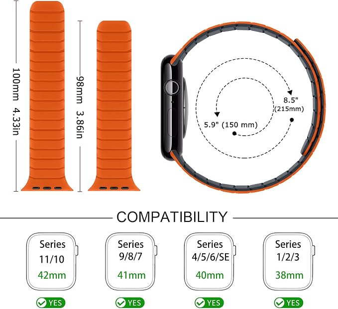 Tasikar Magnetic Bands Compatible with Apple Watch 42mm(Series 11/Series 10) 41mm 40mm 38mm Soft Silicone Replacement Loop Wristband for iWatch SE Series 11 10 9 8 7 6 5 4 3, Orange-Midnight